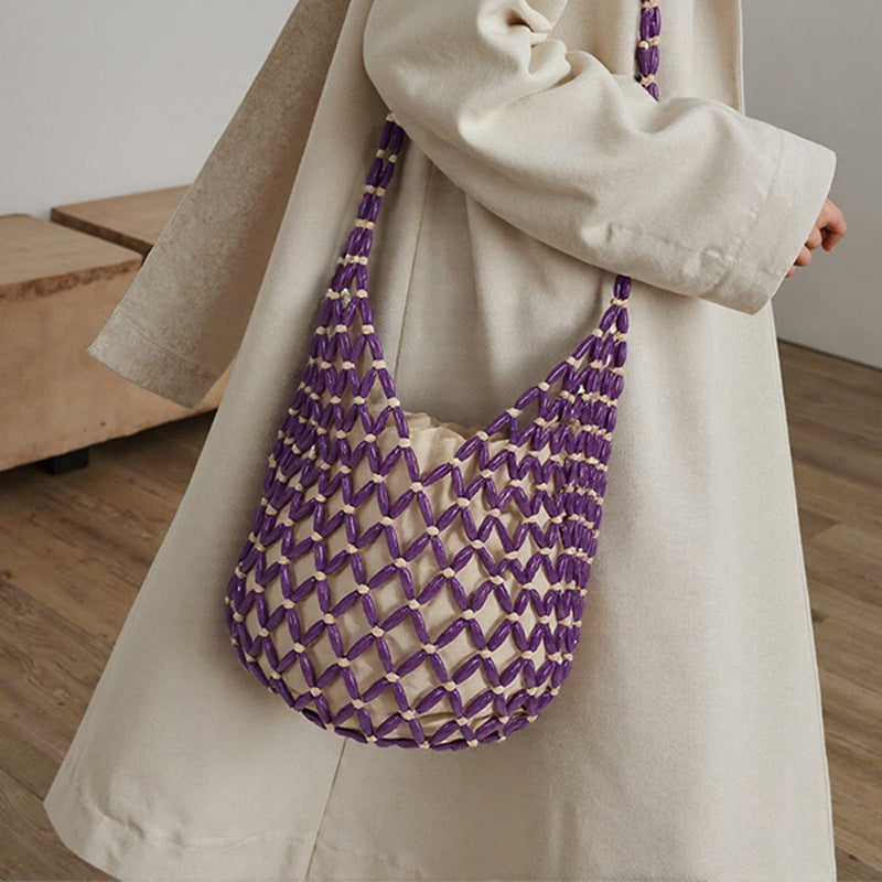 Summer All Matching Special Interest Design Handmade Beaded Weaving Hollow Out Cutout Beach Bag