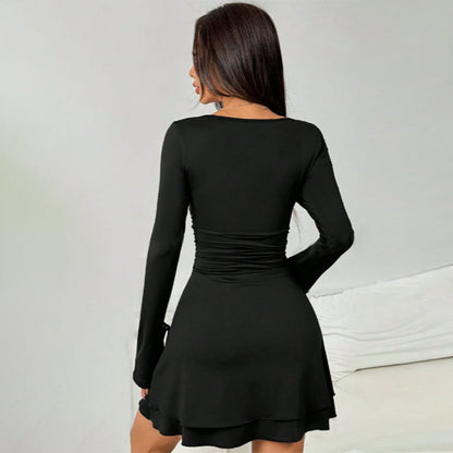 Vestido corto sexy de manga larga, cuello en V, entallado, de color liso para otoño