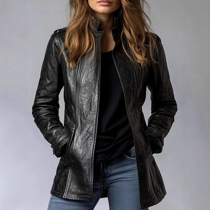 Ladies Leather Stand Collar Long Sleeve Distressed Trendy Gothic Faux Leather Jacket - Wanita Store