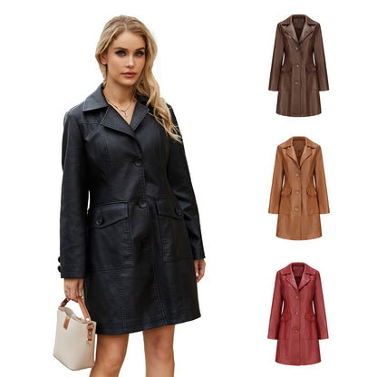 Long Leather Coat Spring Autumn Long Sleeve Leather Wind Coat British Coat Women Collared Single Breasted - Wanita Store