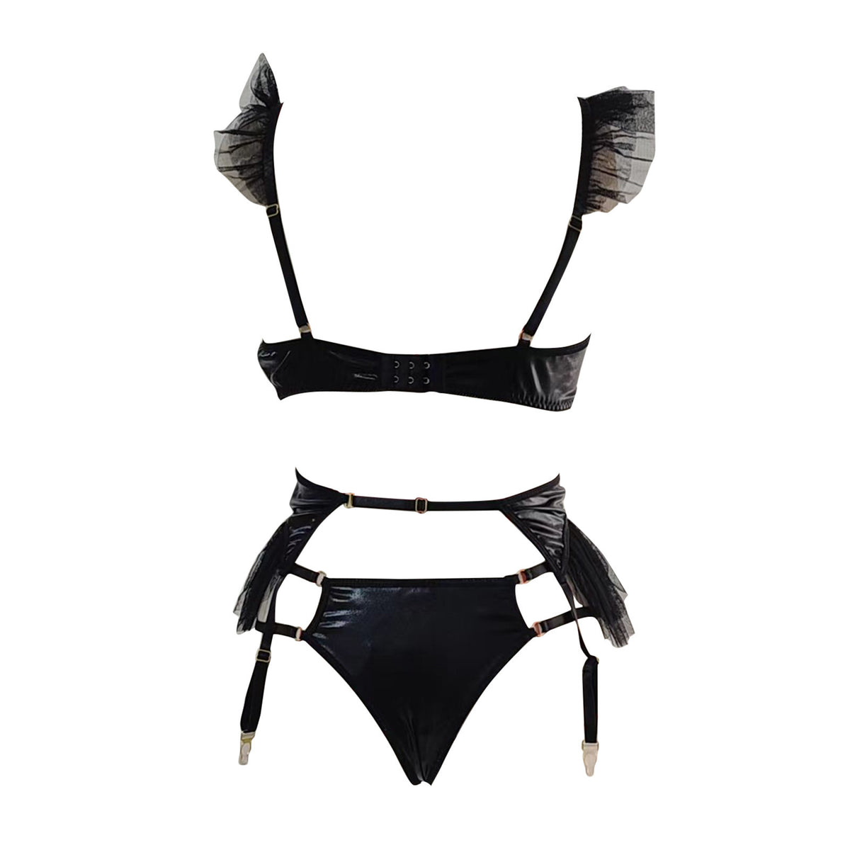 Sexy Patent Leather Mesh Fluffy Edge Sexy Lingerie Three Piece Set