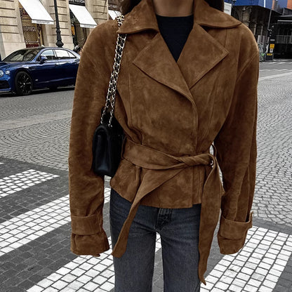 French Suede Collar Casual Double Breasted Coat Fall Winter Brushed Velvet Coat - Wanita Store