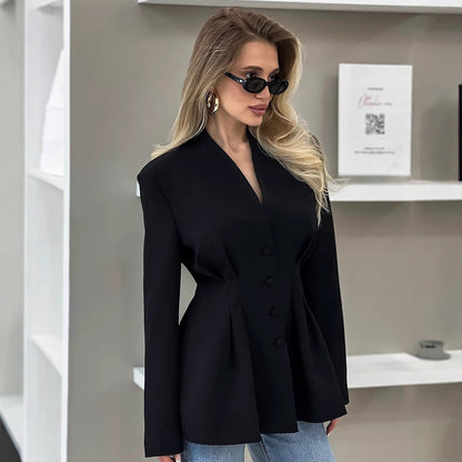 Women Clothing Autumn Elegant Slim Fit Abdomen Control Black Office Design V neck - Wanita Store