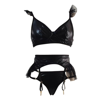 Sexy Patent Leather Mesh Fluffy Edge Sexy Lingerie Three Piece Set