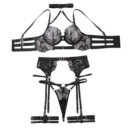 French Sexy Halter Embroidery Mesh See through Joint Sexy Lingerie Underwear Garter Sets