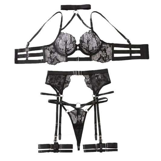 French Sexy Halter Embroidery Mesh See through Joint Sexy Lingerie Underwear Garter Sets