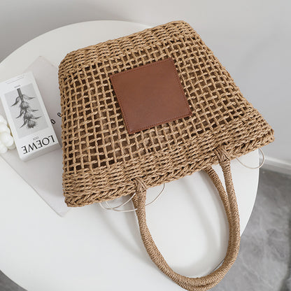 Niche Thailand Straw Bag Retro One Shoulder Portable Hollow Out Cutout Woven Bag Women Seaside Vacation Beach Bag - Wanita Store
