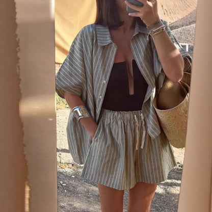 Summer Striped Shirt Pocket Shorts Loose Casual Two Piece Sets Women - Wanita Store