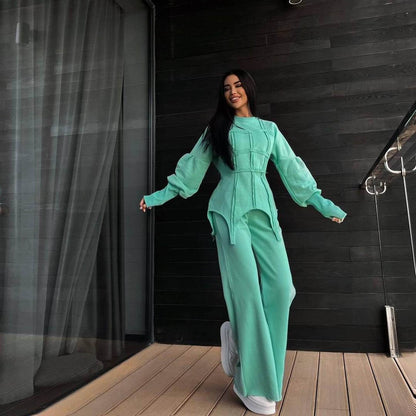 Solid Color Hoodie sets Round Neck Pullover Top Split Straight Pants Casual Two Piece sets - Wanita Store