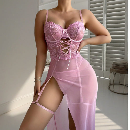 See through Lace Stitching Sexy Lingerie with T Back Women Sexy Light Pajamas Bow Hip Bag Maxi Dress Pajamas