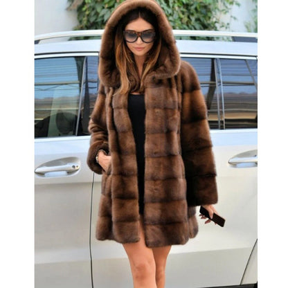 Women Artificial Mink Hair Fur Coat Mid Length Hooded Coat Fur plus Size Casual Warm - Wanita Store