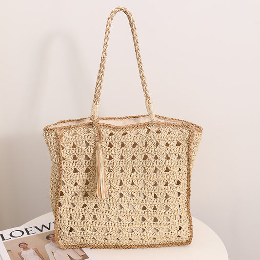 Square Tassel Shoulder Straw Bag Fresh Hollow Out Cutout Handmade Straw Bag Woven Bag Women Seaside Vacation Beach Bag