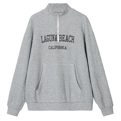 Casual Spring Women Pullover Sweatshirt Letter Graphic Embroidery Zipper Pullover Baggy - Wanita Store