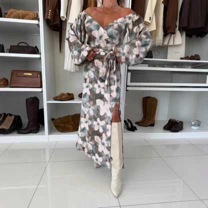 Autumn Winter Printed Waist Controlled Hem Slit Long Sleeve Dress for Women - Wanita Store
