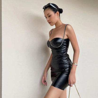 Women Clothing Leather Imitation Drill Chain Autumn Winter Sexy Slim Strap Sheath Dress - Wanita Store