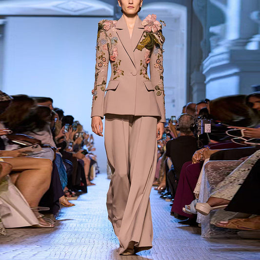 Heavy Industry Beads Three Dimensional Floral Jacket Coat Wide Leg Pants Two Piece Set