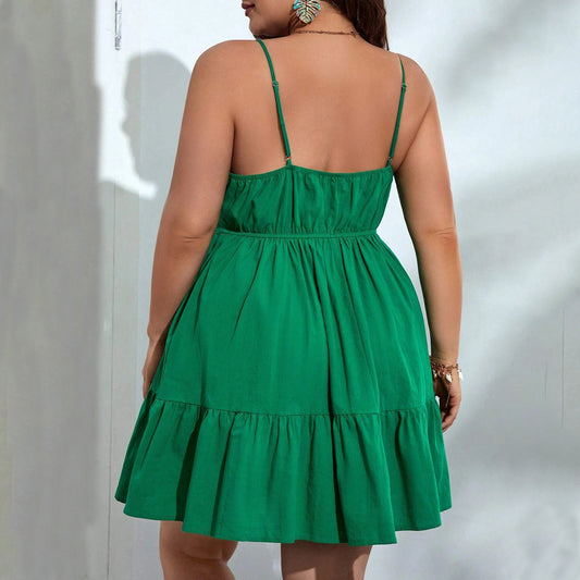 Plus Size Women Sexy Strap Ruffled Off The Neck Solid Color Dress
