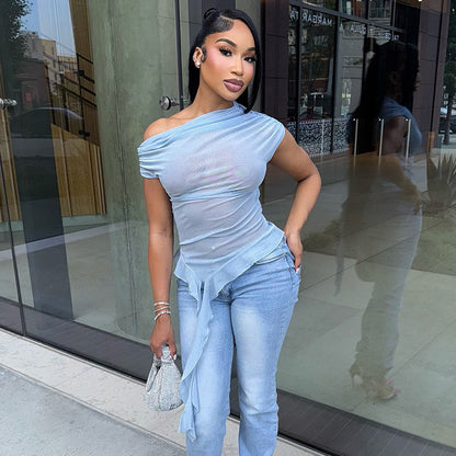 Women Clothing See through Mesh Diagonal Shoulder Short Sleeve Ruffled Ribbon Top - Wanita Store