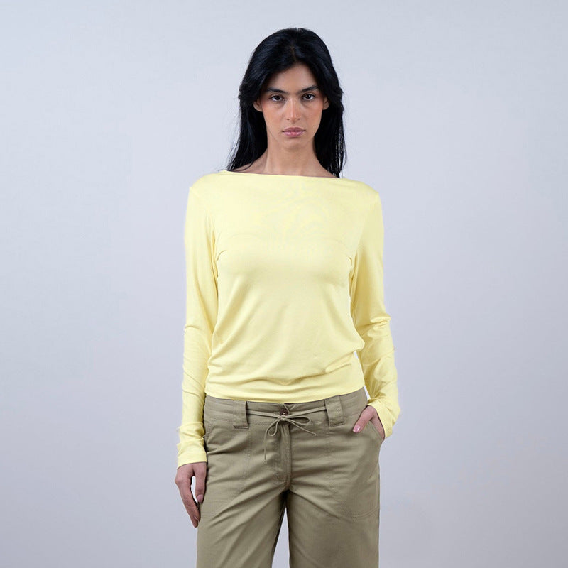 Women Clothing Simple Casual Slim Fit Figure Flattering Solid Color Backless round Neck Long Sleeve Top