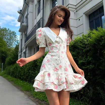 French V neck Puff Sleeve Dress Summer Waist Trimming Printing Short Dress Ruffled Dress - Wanita Store