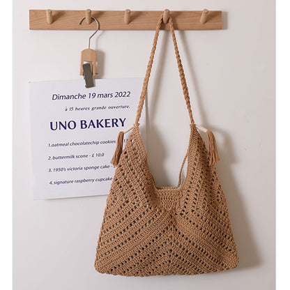Triangle Hollow Out Cutout Cross Body Cotton Thread Woven Bag Casual Grandmother Grid Straw Bag Vacation Beach Bag Women Bag - Wanita Store