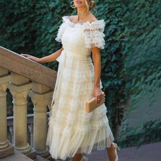 Elegant Waist Tight Lace Maxi Dress Summer High Grade Waist Tight Slimming Dress Women