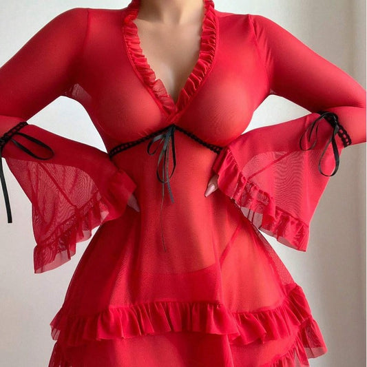 Supply Sexy Thin Transparent Mesh Flared Sleeves Wooden Ear Sexy Lingerie