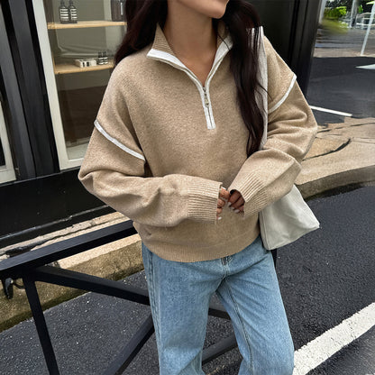 Casual Simple Solid Color Long Sleeve Zipper Sweaters Women Clothing Autumn Winter - Wanita Store