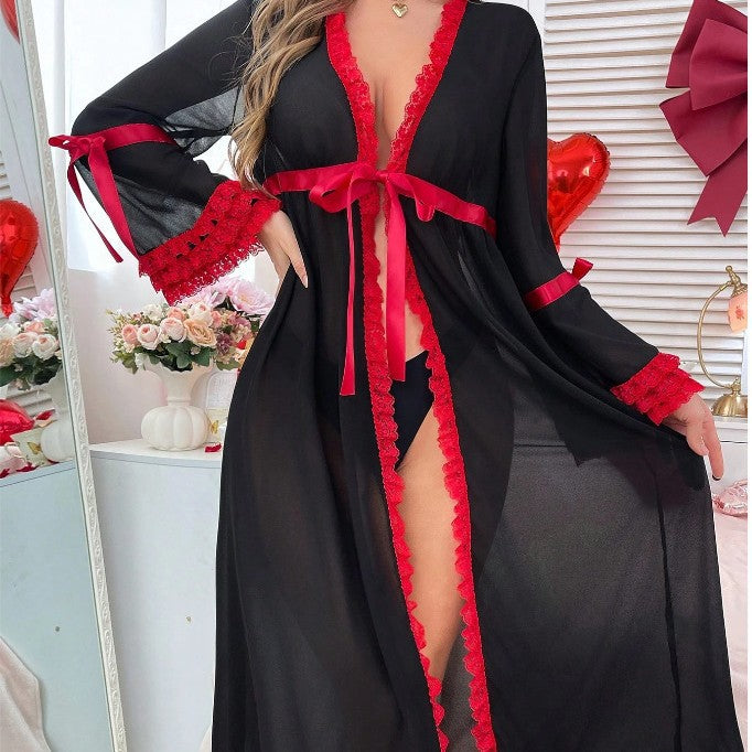 Sexy Thin Transparent Mesh Red Lace Black Robe Sexy Lingerie Set