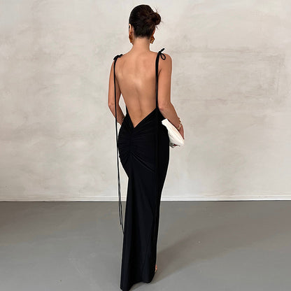 Solid Color Sexy Backless Pleated Long Elegant Slim Strap Dress for Women - Wanita Store