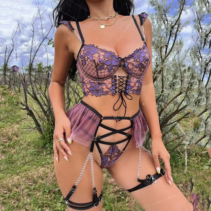 Ensemble de lingerie sexy brodé, soutien-gorge fin, culotte en maille fleurie et porte-jarretelles pour femme