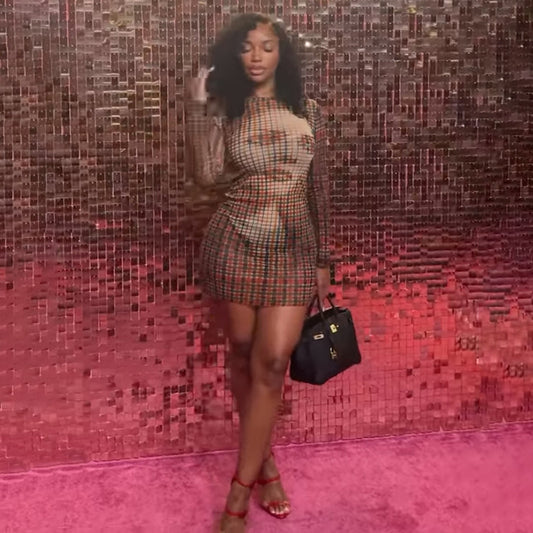 Autumn Slim Printed Plaid Long Sleeve Narrow Short Skirt Special Dress Women Clothing