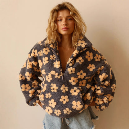 Women Polar Fleece Floral Autumn Winter Sweater Warm Furry Fleece Pullover - Wanita Store