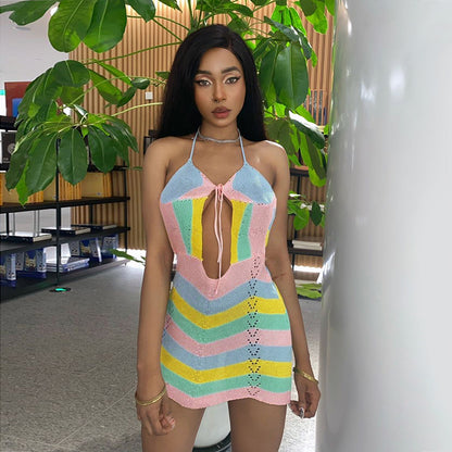 Wave Striped Contrast Color Product Mother Halter Straps Backless Chest Hollow Out Cutout Sexy Woolen Short Dress Women - Wanita Store