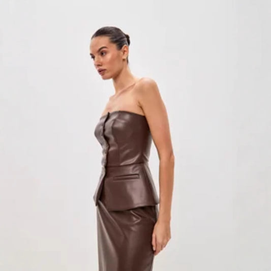 Faux Leather Women French Design Single Breasted Sexy Tube Top Leather Top Tube Top Short Vest