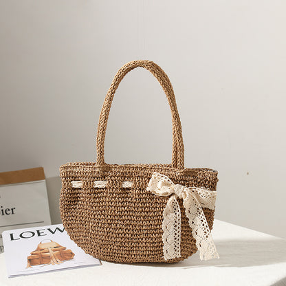 Bow Woven Bag Shoulder Hand Woven Straw Bag Seaside Vacation Beach Bag Women Bag - Wanita Store