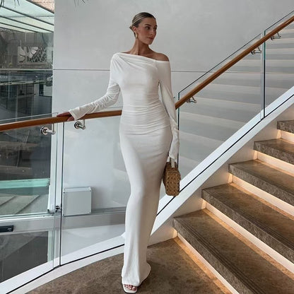 Sexy Women Clothing Sloping-Shoulder off the Shoulder Long Sleeve Slim Fit Pleated Long Socialite Dress - Wanita Store