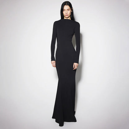 Women Clothing Summer Sexy Long Sleeve Backless Lace Hip Elastic Metal Decoration Dress - Wanita Store