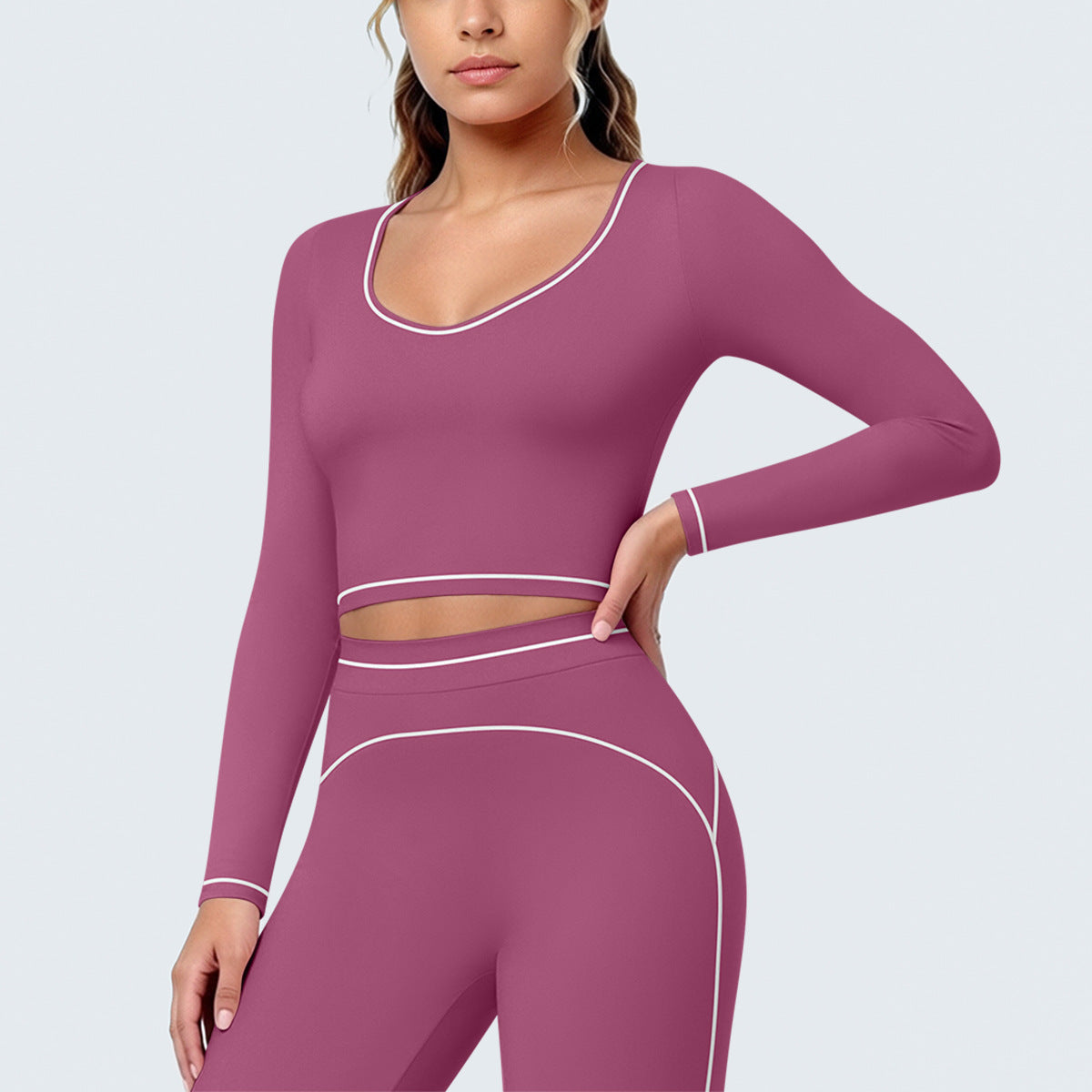 Yoga Long Sleeve Contrast Color Brushed Low Collar Slim Fit T shirt Outdoor Running Sport Long Sleeve Top