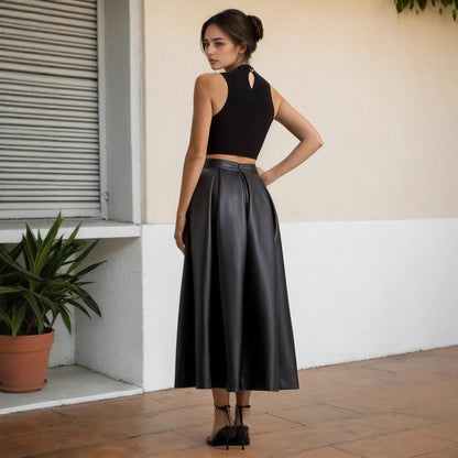 Large Skirt Ladies Spring Autumn High Waist Office Umbrella Skirt Faux Leather Design A line Skirt - Wanita Store