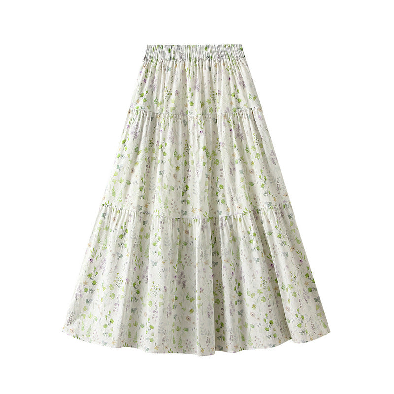 Sweet Floral Skirt Women Summer Series A line Elastic Waist Mid Length Big Hem Umbrella Skirt