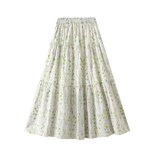 Sweet Floral Skirt Women Summer Series A line Elastic Waist Mid Length Big Hem Umbrella Skirt