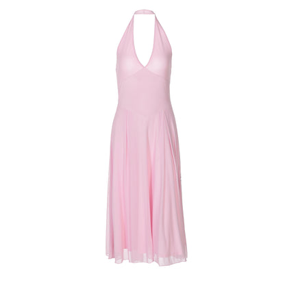 Women Clothing Summer Solid Color Halter Backless Gauzy Stitching Dress - Wanita Store