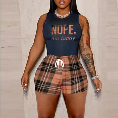 Women Clothing Khaki Plaid Printed Set Nope Sleeveless Tank Top Shorts Two Piece Set - Wanita Store