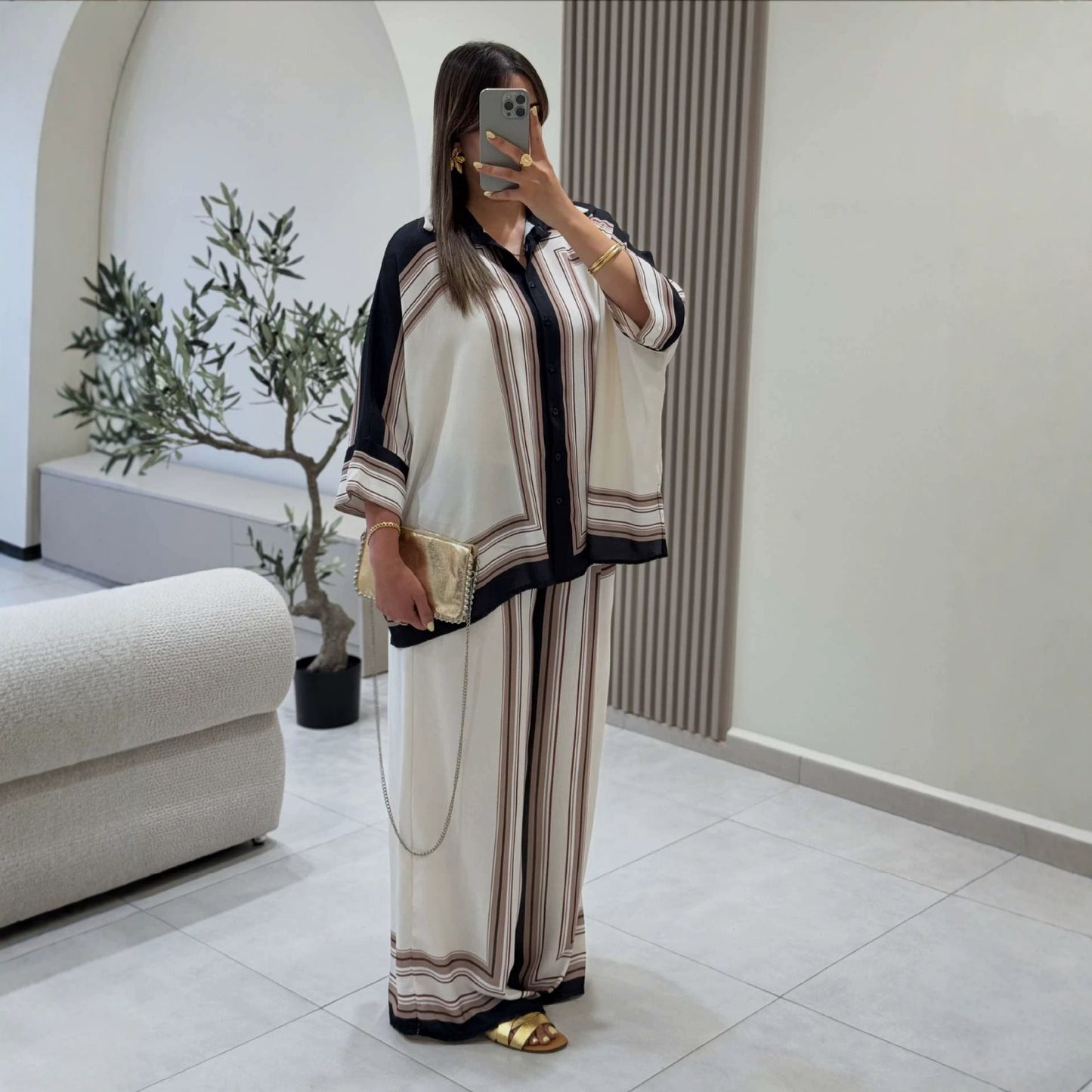 Women Clothing Positioning Printing Dyeing Loose Long Sleeved Shirt Casual Pants Two Piece Set