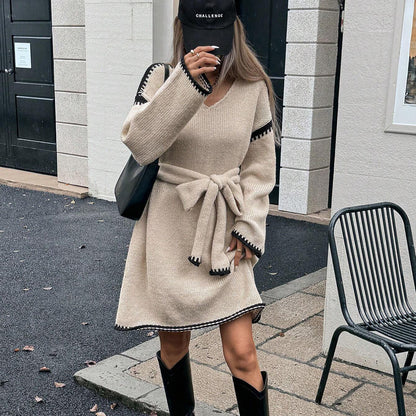 Idle Tie Waist Trimming Loose Knitted V neck Long Sleeve Fall Mid Length Dress Women - Wanita Store