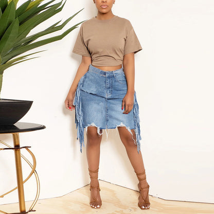 Spring Summer Women Clothing Personalized Denim Washed Tassel Tatted Skirt - Wanita Store