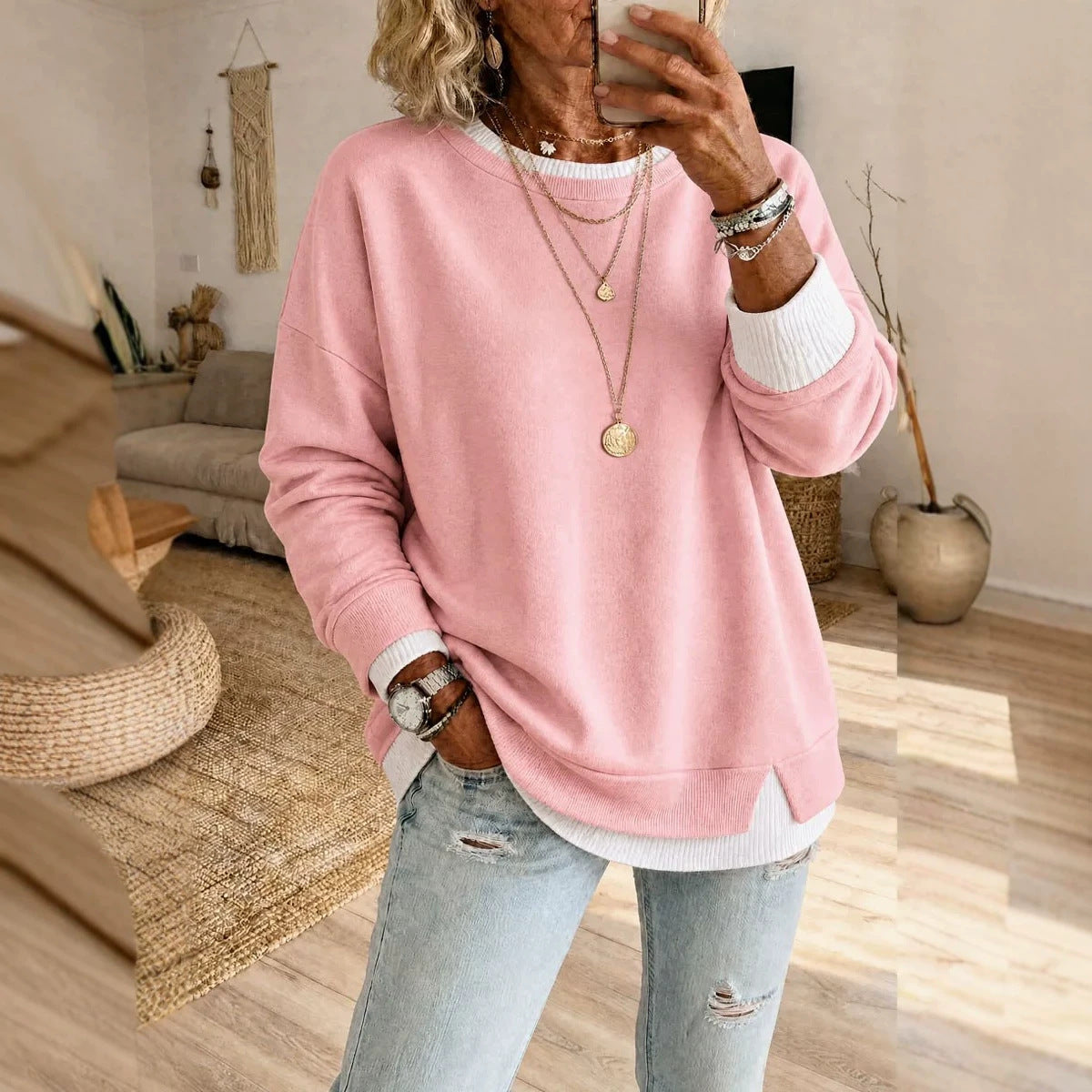 Faux Two Piece Thread Split round-Neck Long Sleeve Casual Pullover Sweaters Women Clothing Western Slimming