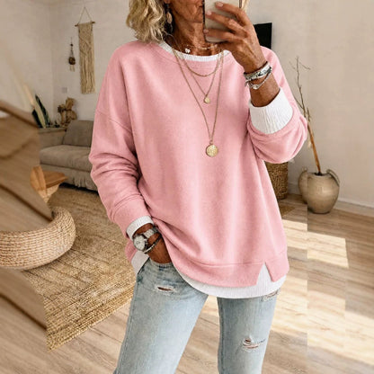 Faux deux pièces, fil fendu, col rond, manches longues, pull décontracté, vêtements pour femmes, amincissant, style occidental
