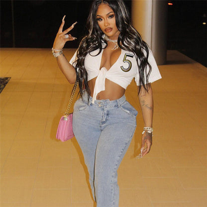 Spring Women Clothing Fashion Letter Graphic Embroidery Sexy Crop Top Tight Fitting Street Shooting Lace up Cardigan Top - Wanita Store